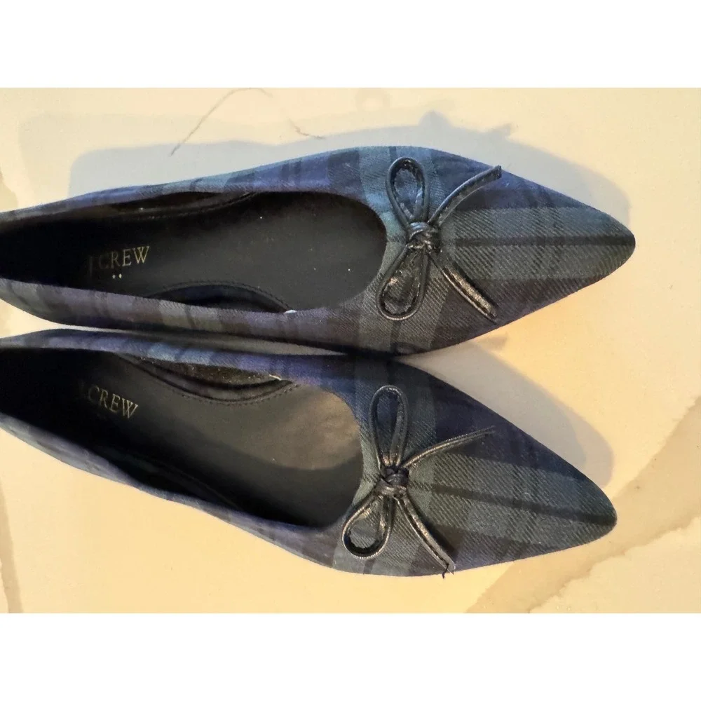 J.Crew‎ Women Black Watch Plaid Pointed Toe Ballet Flats Blue Green Bow 7.5 M